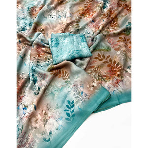 Turquoise Floral Digital Printed Georgette Saree