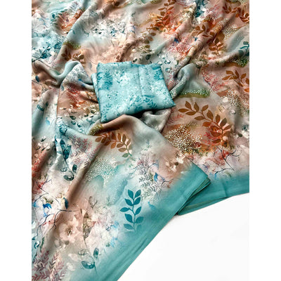 Turquoise Floral Digital Printed Georgette Saree