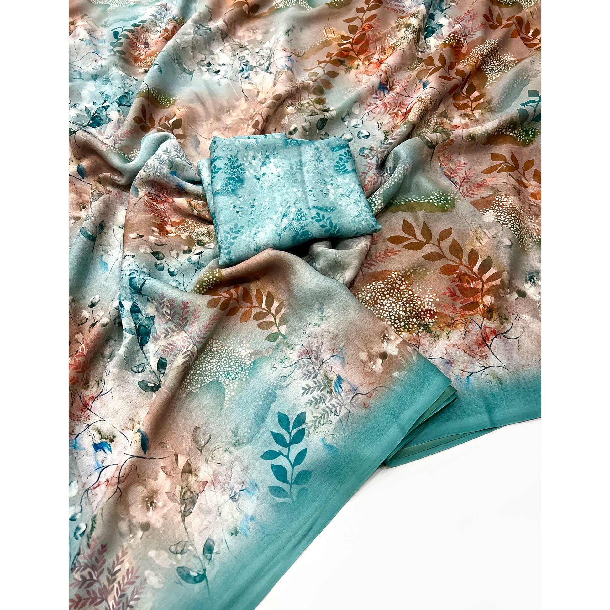 Turquoise Floral Digital Printed Georgette Saree