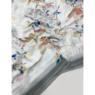 White Floral Digital Printed Georgette Saree