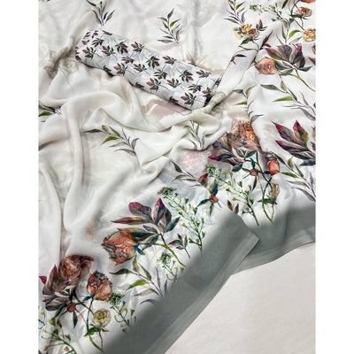White Floral Digital Printed Georgette Saree