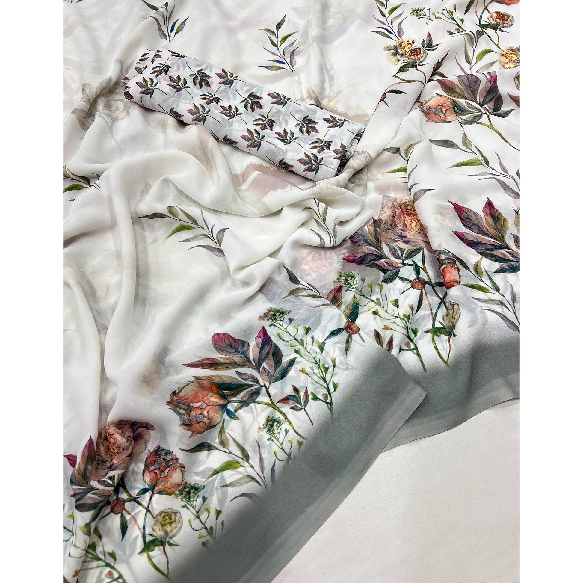 White Floral Digital Printed Georgette Saree