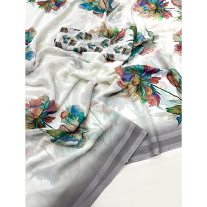 White Floral Digital Printed Georgette Saree