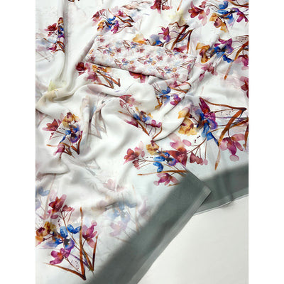 White Floral Digital Printed Georgette Saree