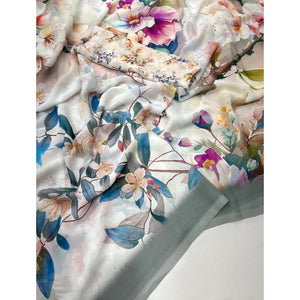 White Floral Digital Printed Georgette Saree