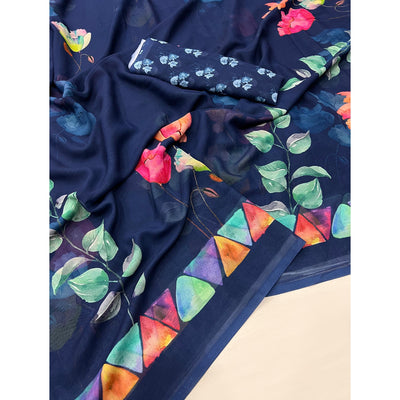 Blue Floral Digital Printed Georgette Saree
