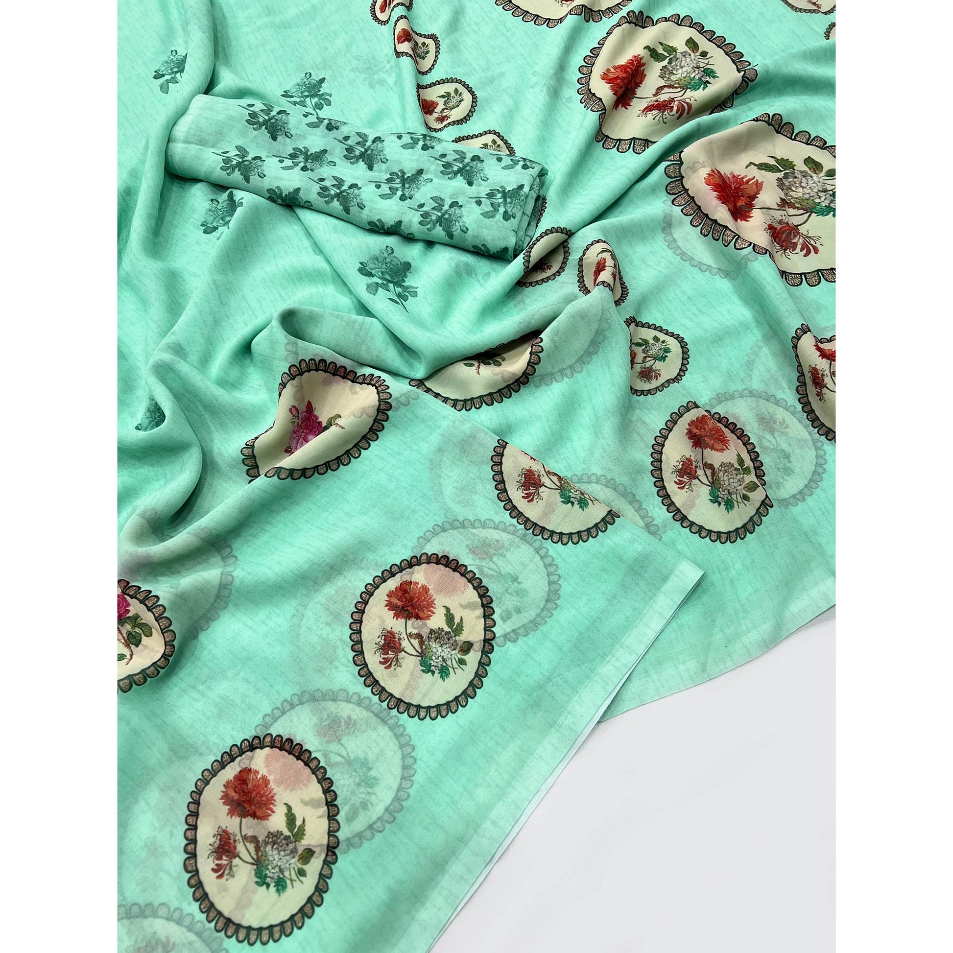 Sea Green Floral Digital Printed Georgette Saree