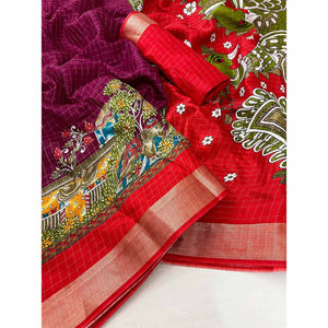 Dark Magneta Checks Zari Woven With Floral Printed Dola Silk Saree