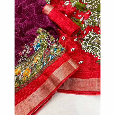 Dark Magneta Checks Zari Woven With Floral Printed Dola Silk Saree