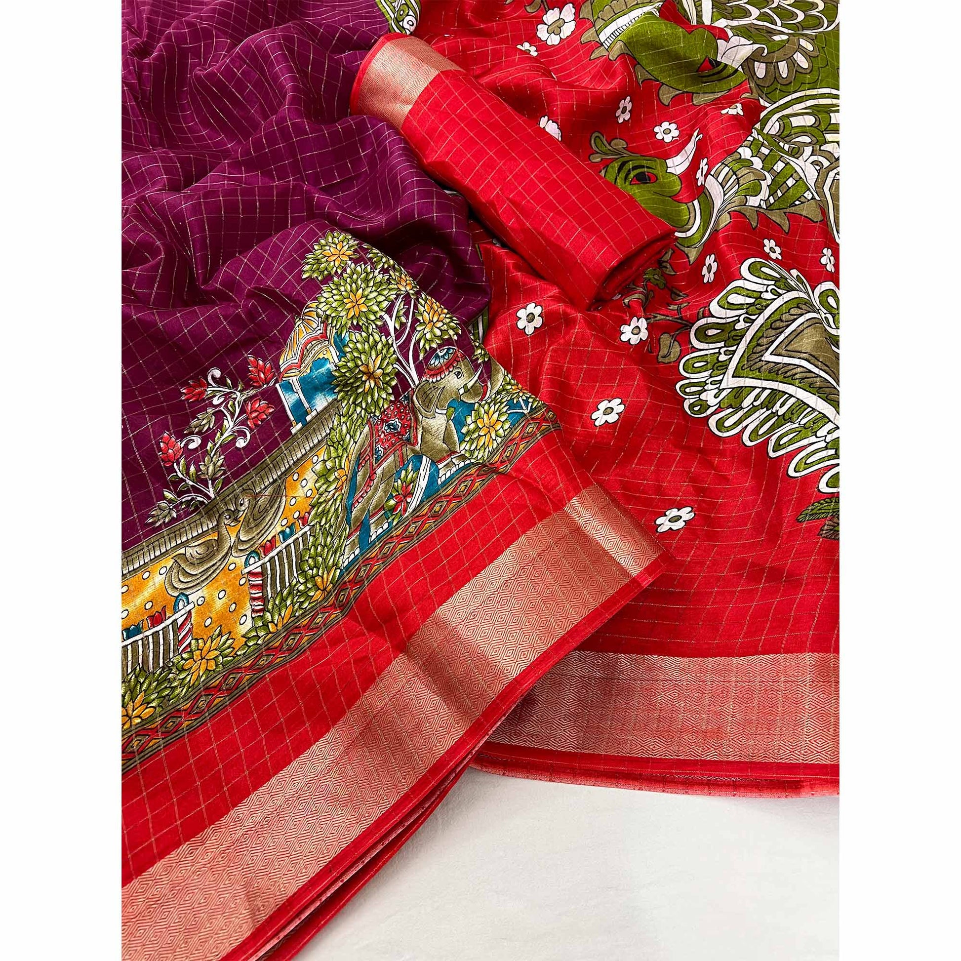 Dark Magneta Checks Zari Woven With Floral Printed Dola Silk Saree