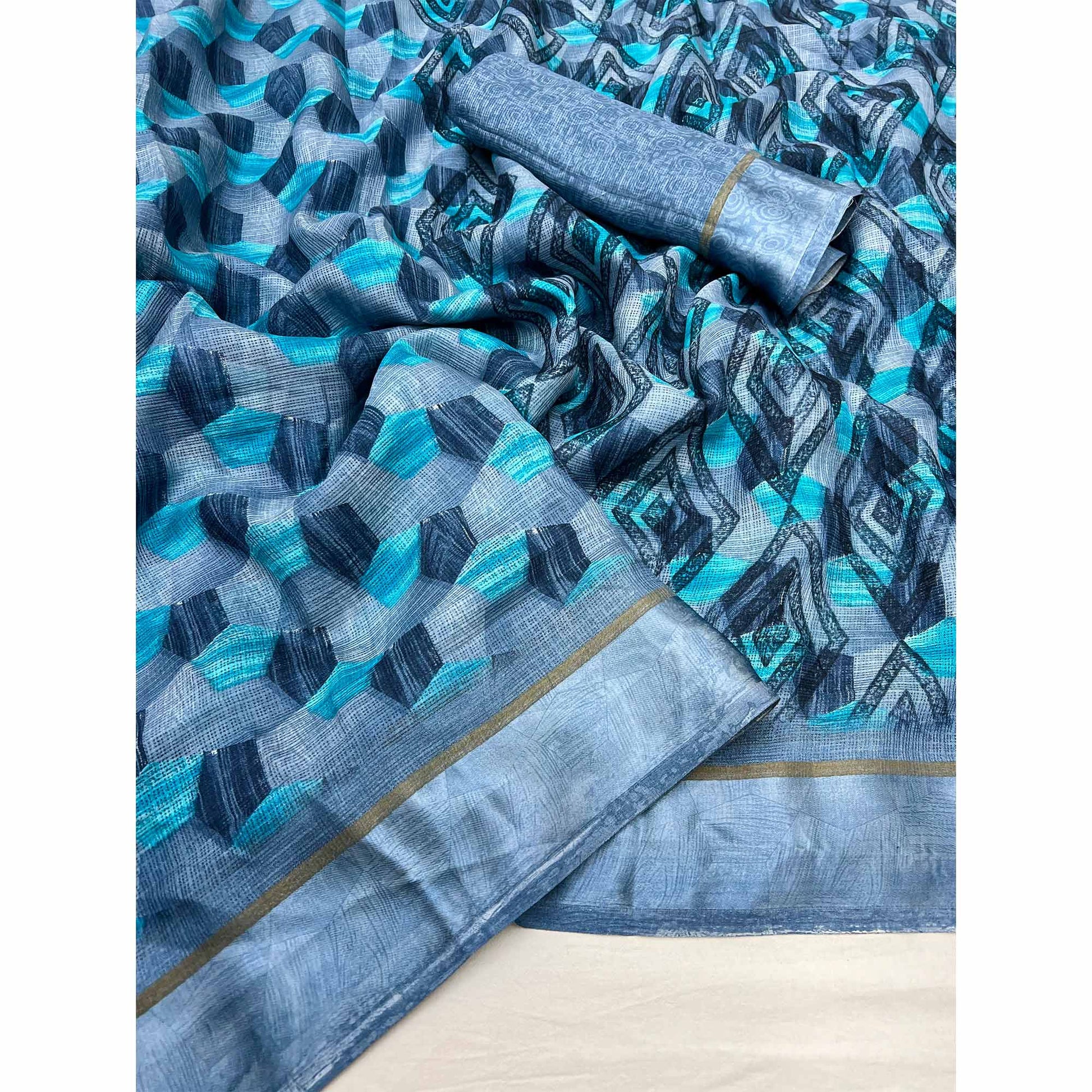 grey-blue-geometric-printed-cotton-blend-saree