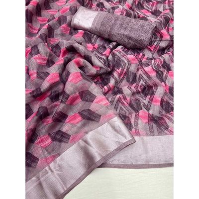 Brown & Pink Geometric Printed Cotton Blend Saree