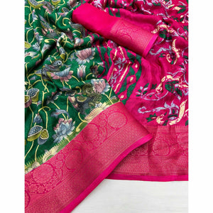 green-kalamkari-printed-georgette-saree-with-jacquard-border