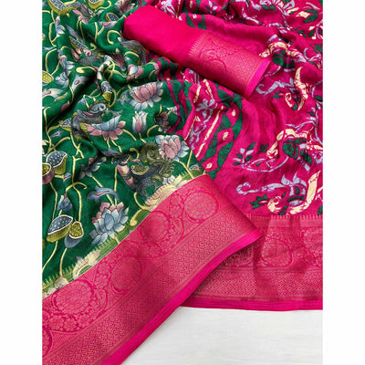 green-kalamkari-printed-georgette-saree-with-jacquard-border