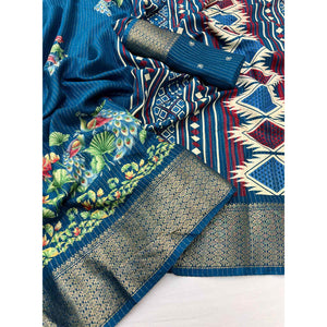 Dark Teal Floral Printed Dola Silk Saree With Jacquard Border