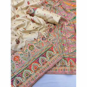 Cream Floral Woven Pure Silk Pashmina Saree