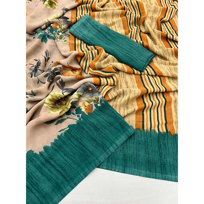 Light Brown & Teal Floral Printed Georgette Saree