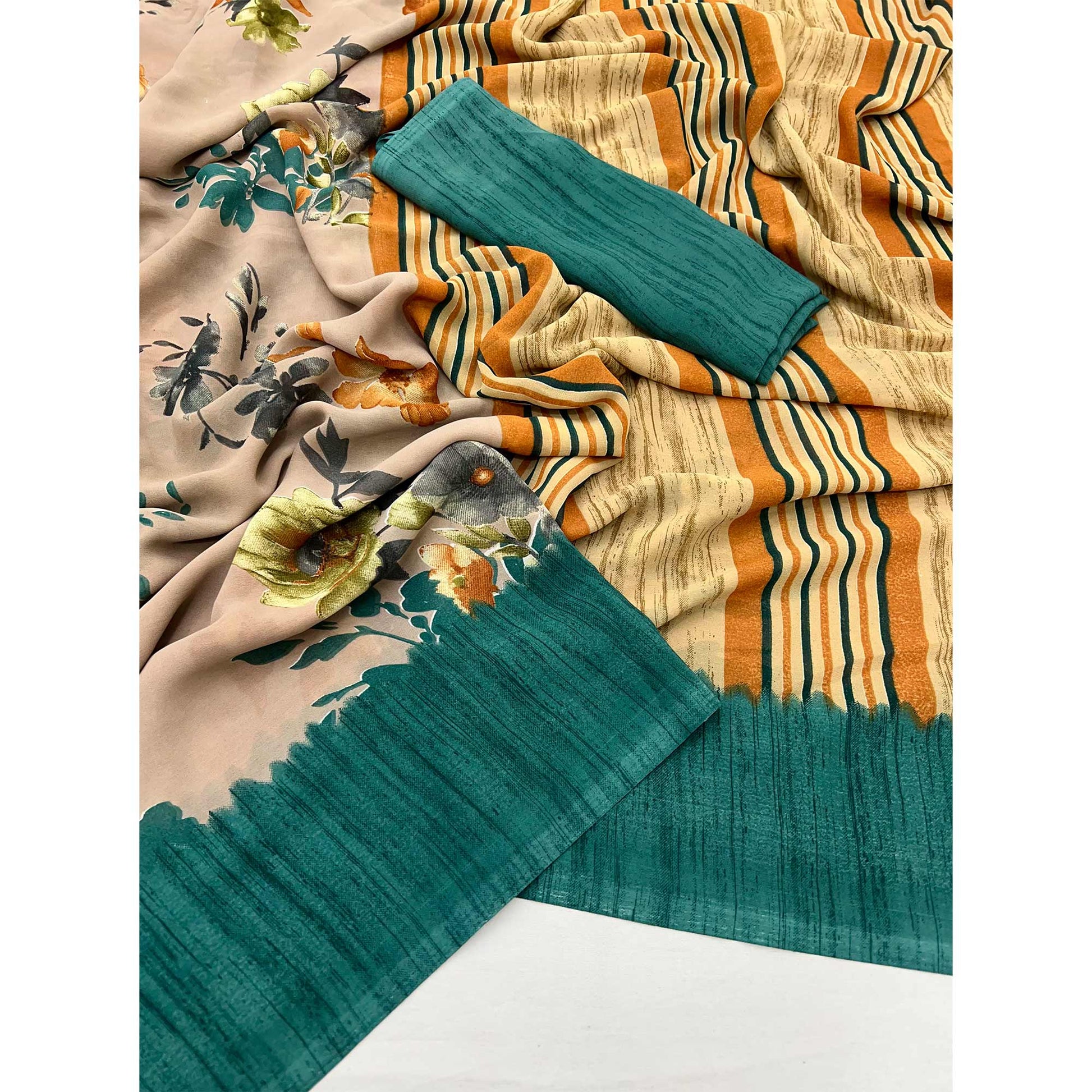 Light Brown & Teal Floral Printed Georgette Saree
