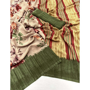 Light Brown & Green Floral Printed Georgette Saree