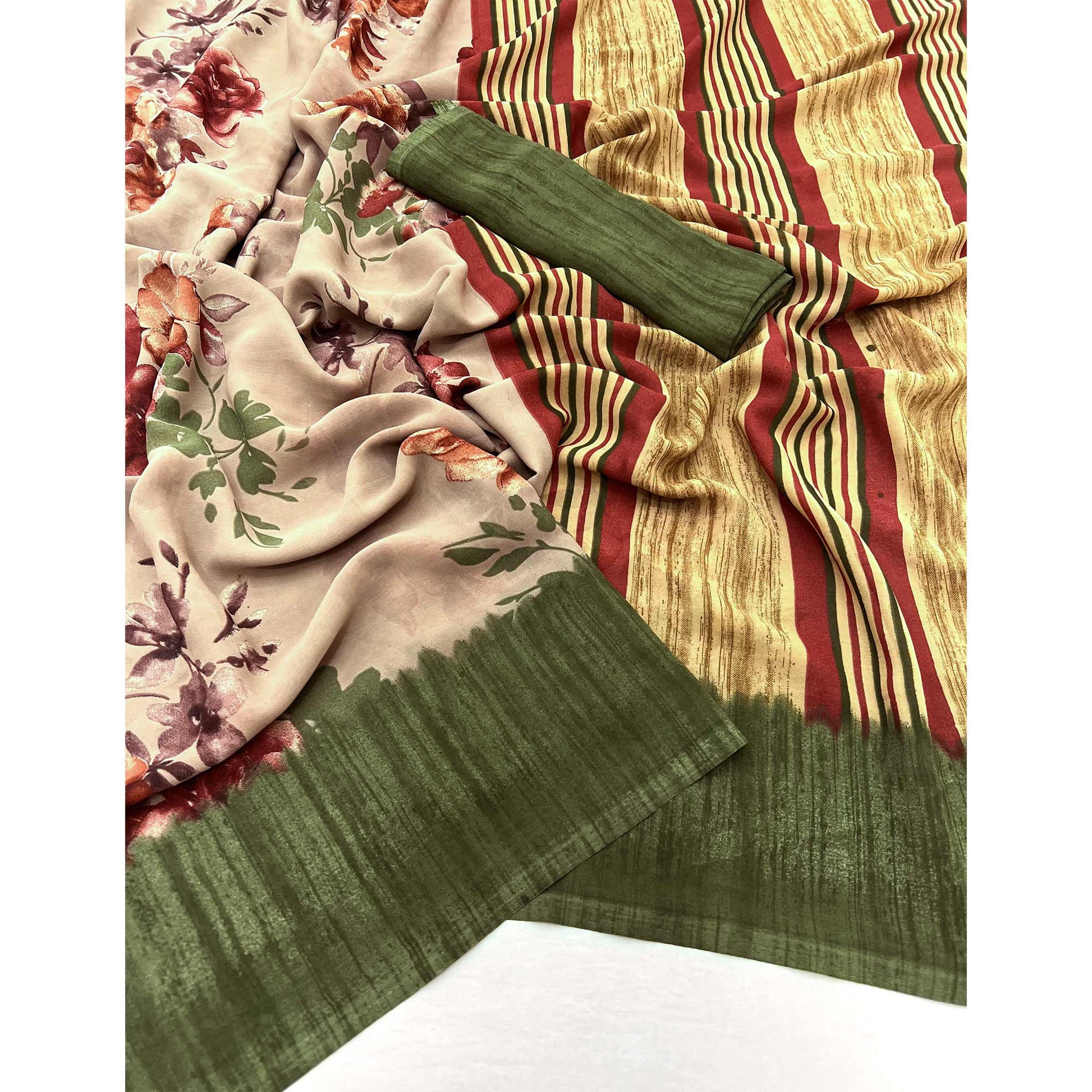 Light Brown & Green Floral Printed Georgette Saree