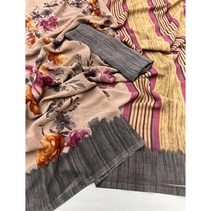 Light Brown & Grey Floral Printed Georgette Saree