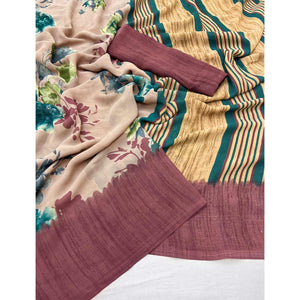 Light Brown & Mauve Floral Printed Georgette Saree