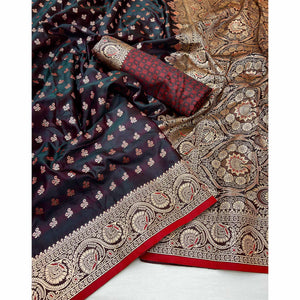 Brown Floral Woven Satin Silk Saree With Zari Border