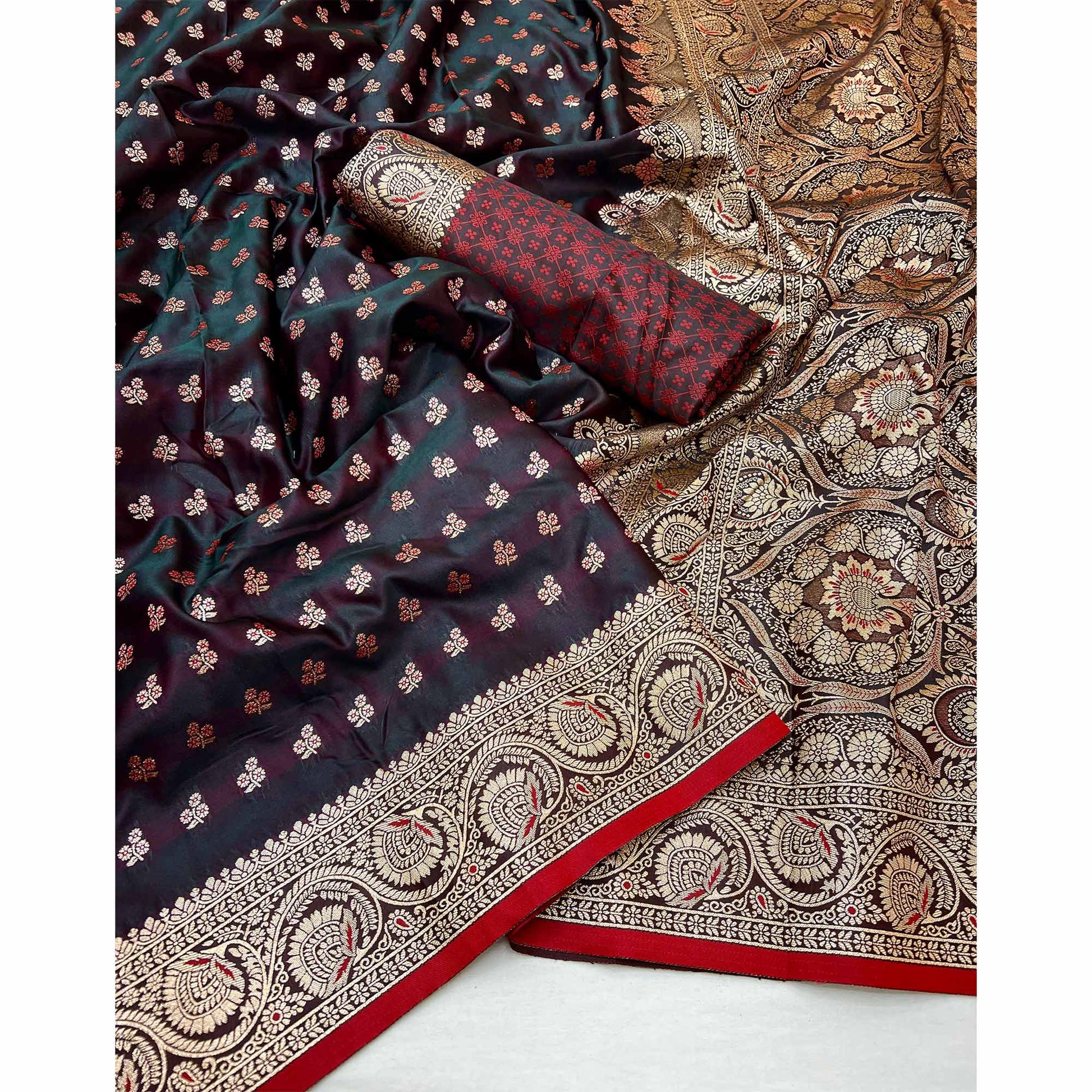 Brown Floral Woven Satin Silk Saree With Zari Border