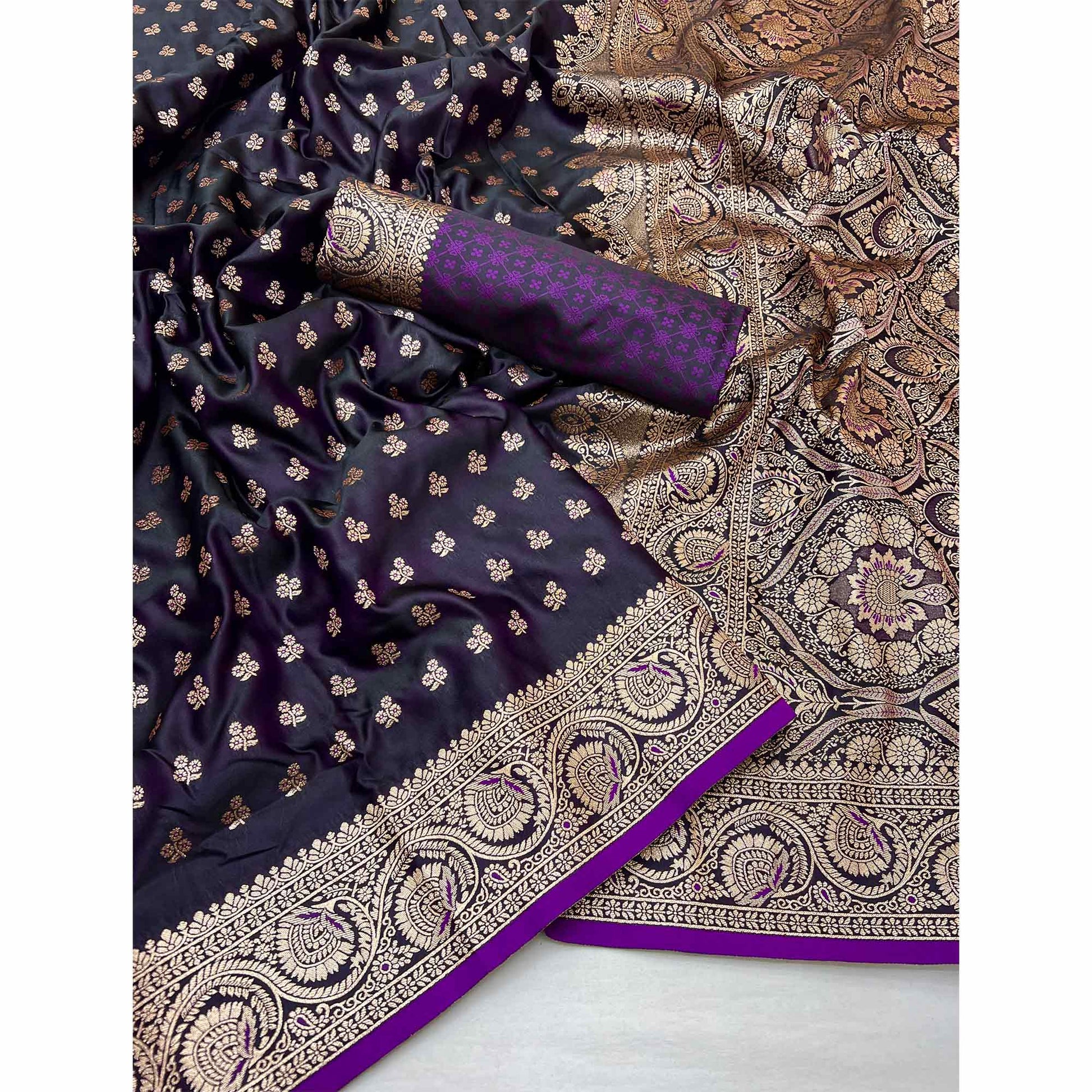 Dark Purple Floral Woven Satin Silk Saree With Zari Border