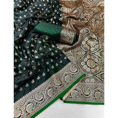 Dark Green Floral Woven Satin Silk Saree With Zari Border
