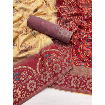 Cream & Maroon Floral Woven Pure Silk Saree