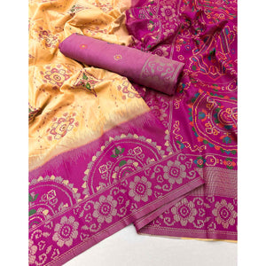 Cream & Pink Floral Woven Pure Silk Saree