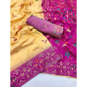 Light Yellow & Pink Floral Woven Pure Silk Saree