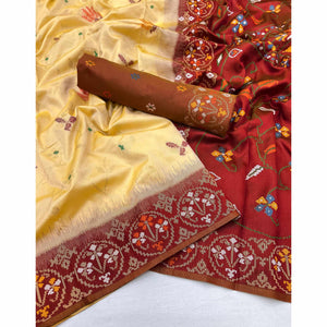 Light Yellow & Maroon Floral Woven Pure Silk Saree