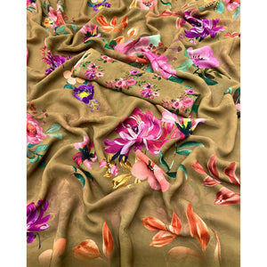 Khaki Brown Floral Digital Printed Georgette Saree