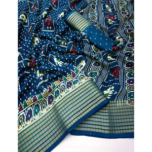 Morpich Blue Printed Georgette Saree With Woven Border