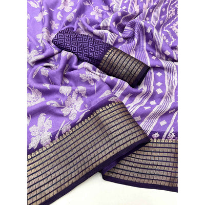 Lavender Floral Printed Georgette Saree With Woven Border