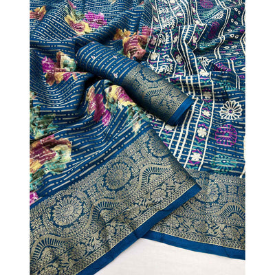 Morpich Blue Floral Woven With Printed Georgette Saree