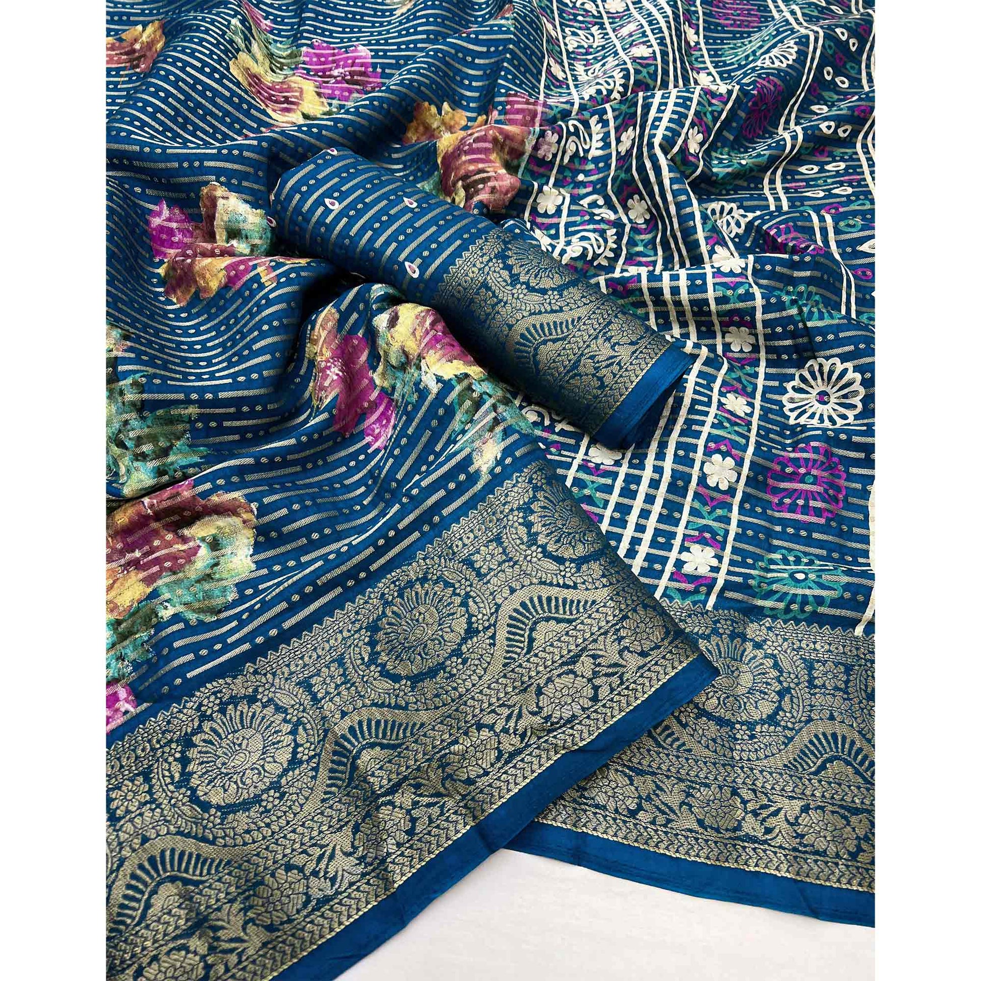 Morpich Blue Floral Woven With Printed Georgette Saree