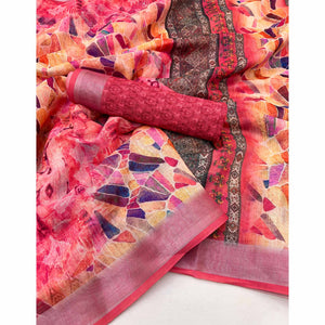 Gajari Pink Digital Printed Linen Saree With Woven Border