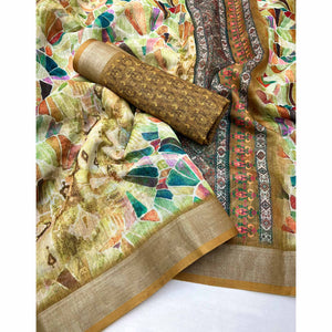 Dark Mustard Digital Printed Linen Saree With Woven Border