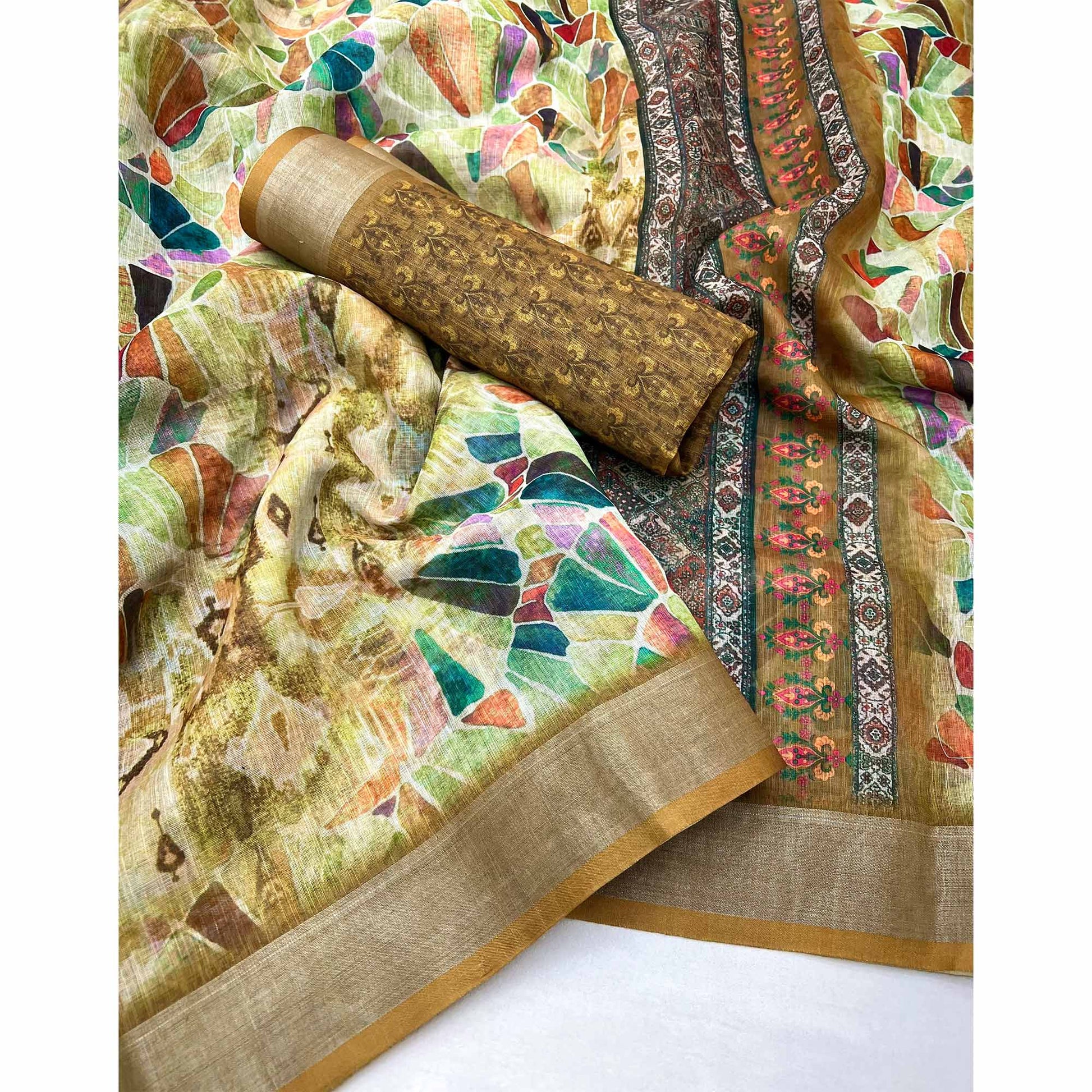 Dark Mustard Digital Printed Linen Saree With Woven Border