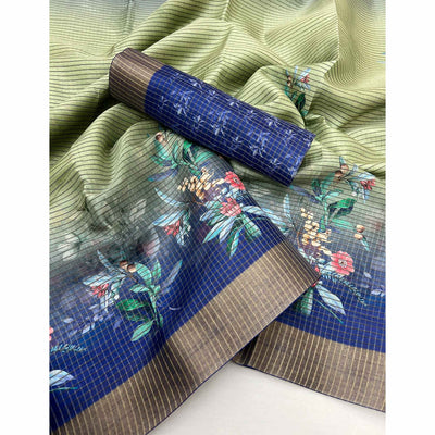 green-blue-striped-floral-printed-cotton-silk-saree-with-woven-border