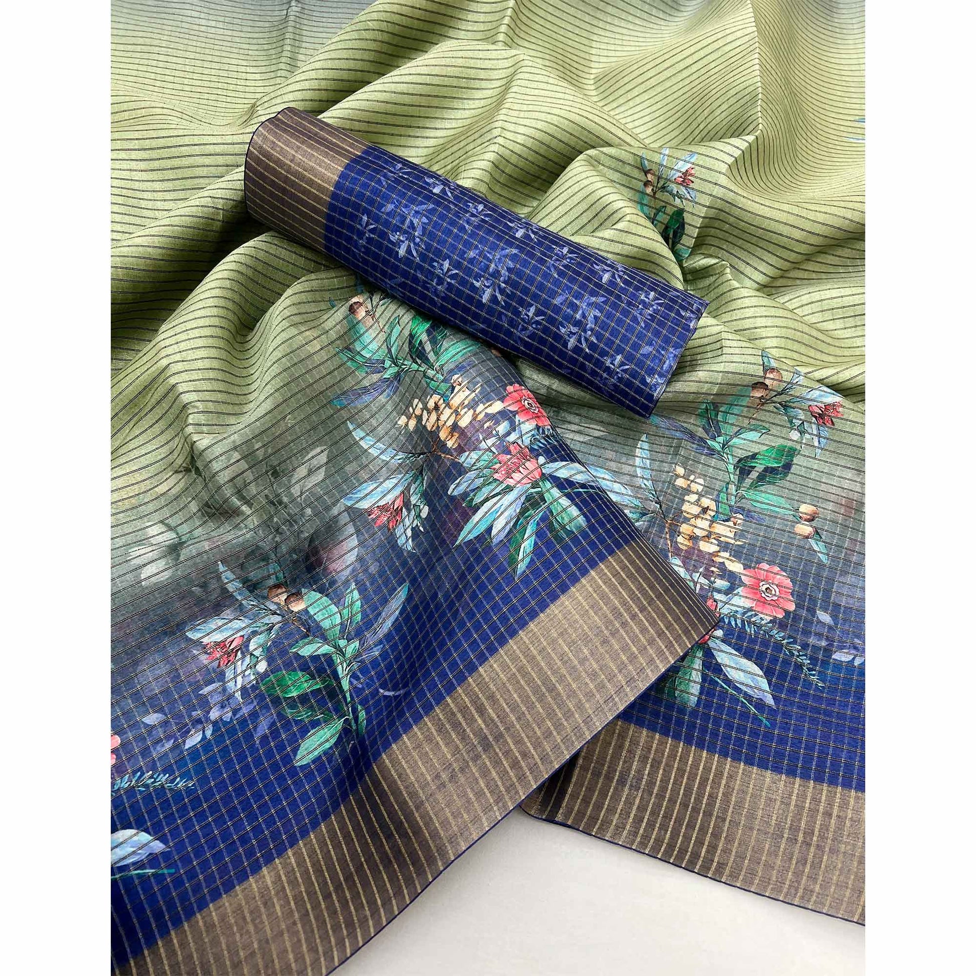 green-blue-striped-floral-printed-cotton-silk-saree-with-woven-border