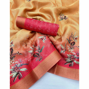 Gold & Red Striped & Floral Printed Cotton Silk Saree With Woven Border