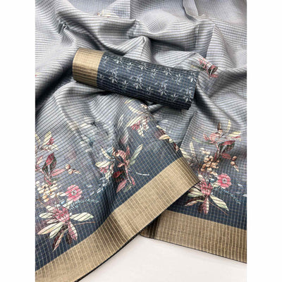Grey Striped & Floral Printed Cotton Silk Saree With Woven Border