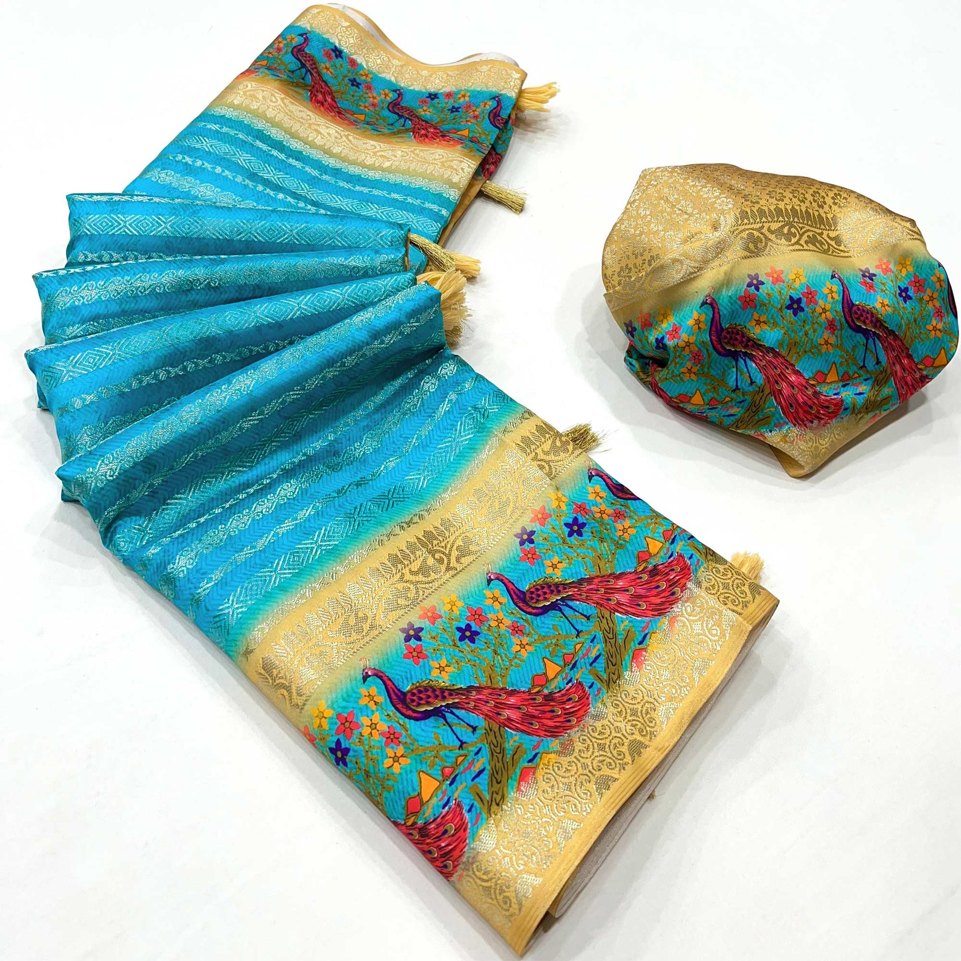 Blue Woven With Digital Printed Raw Silk Saree