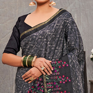 Grey Printed With Embroidered Cotton Silk Saree