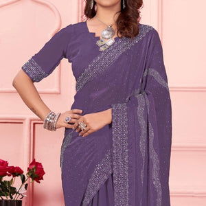 Light Purple Swarovski Work Satin Saree