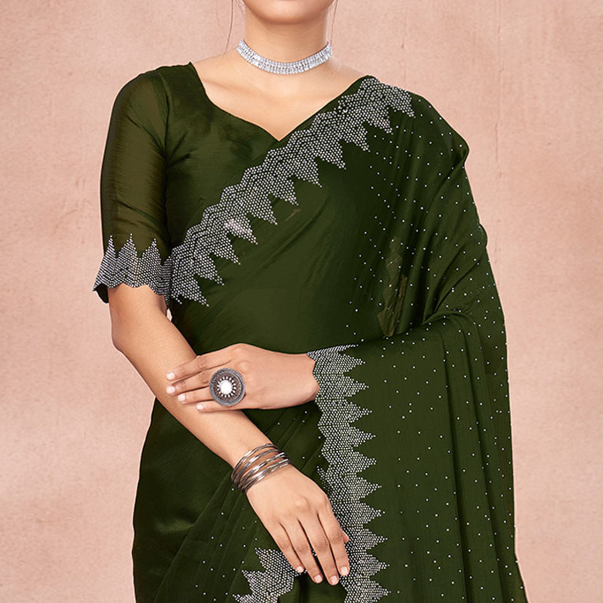 Mehendi Green Swarovski Work Satin Saree